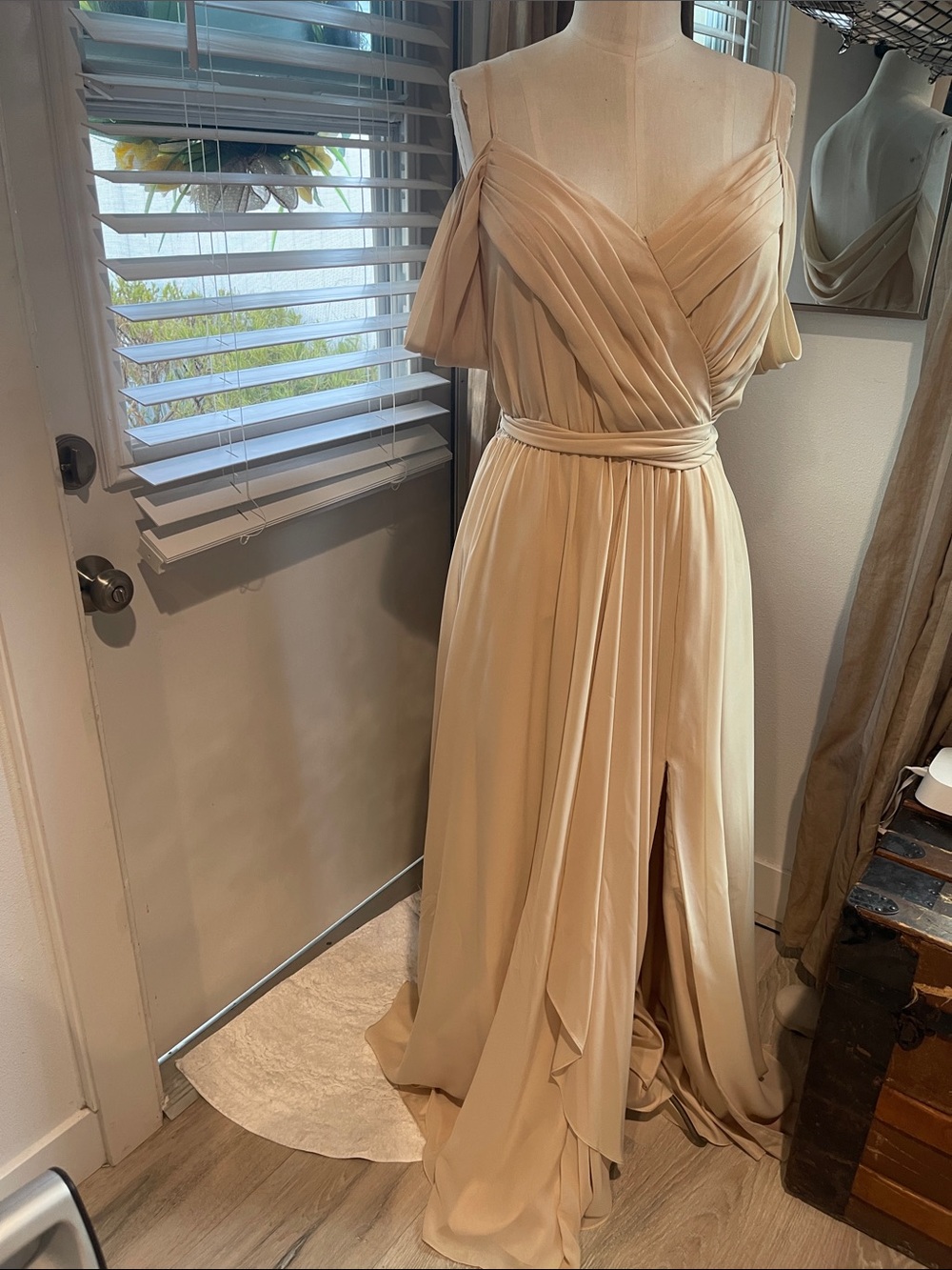 JJs House Cream Jitrenka Off-Shoulder Draped Maxi Dress
